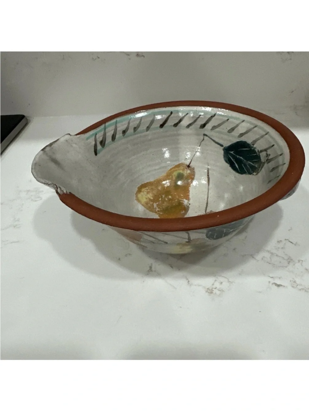 Hand Thrown Art Studio Stoneware Pottery Bowl W/ Pinched Pour Spout Signed Pears